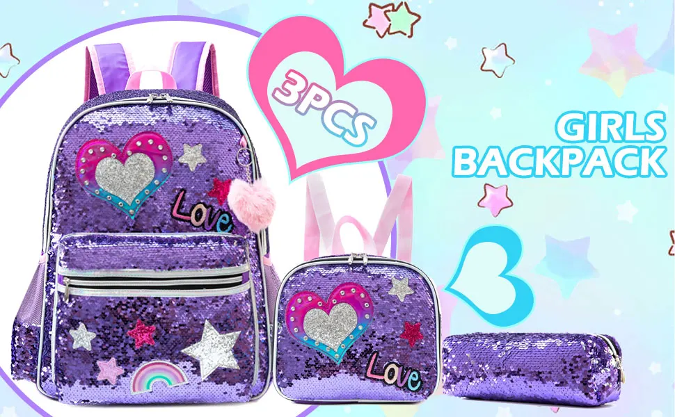 16 Inch Sequin Backpack for Girls School Bag with Lunch Box for Elementary Students Lightweight and Stylish