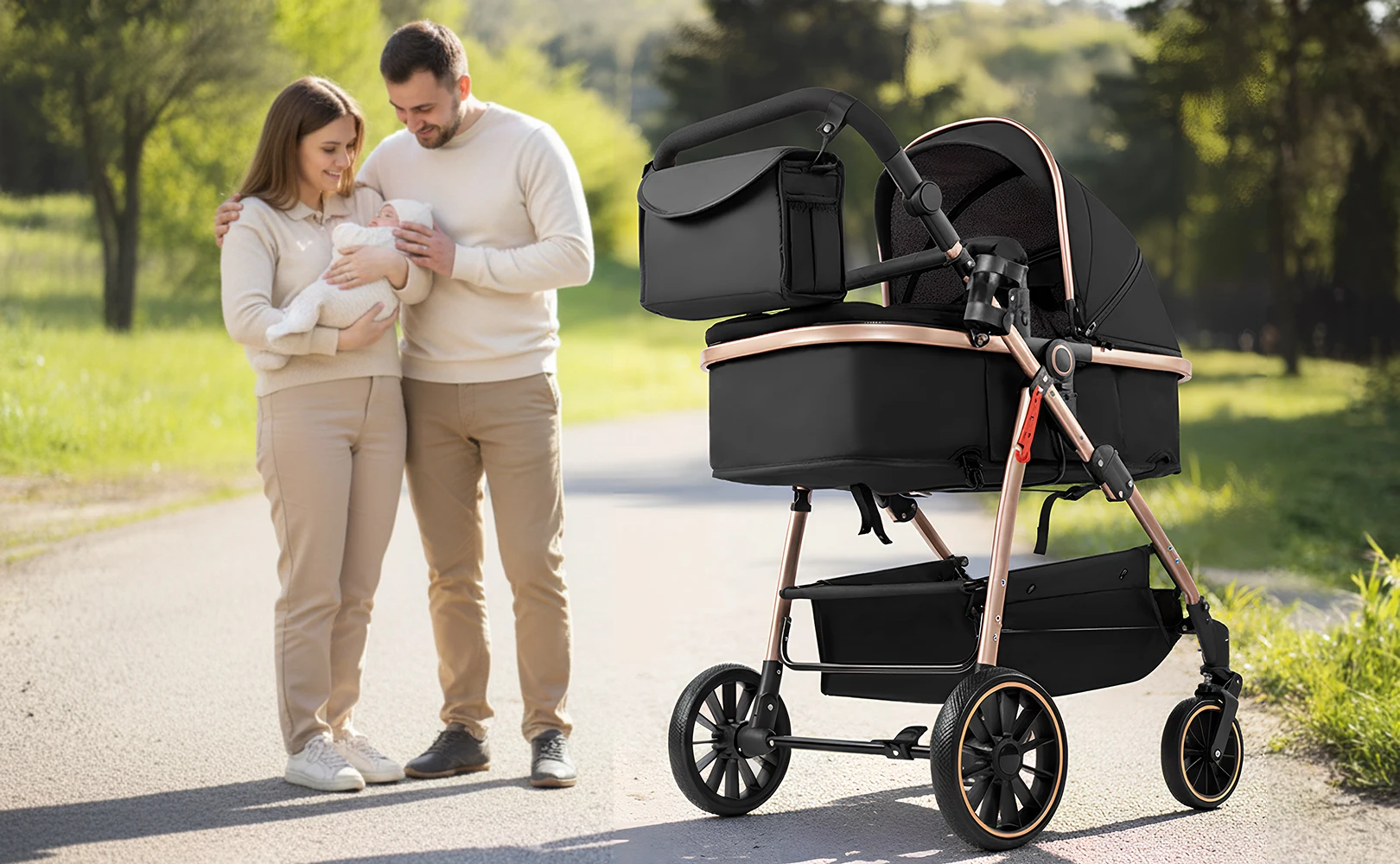 Baby Stroller 3 in 1 Stroller Lightweight Portable Travel Pram High Landscape Four Wheel Hand Push Newborn Carriage Street Fashion Mom Shop Cart