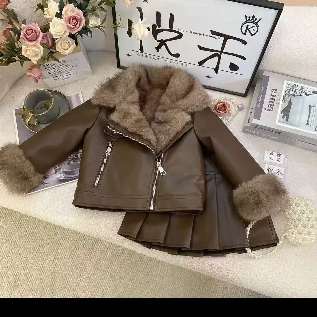 Girls Warm Lapel Solid Leather Jacket And Pleated Skirt Two-Piece Winter Children's Clothing Set Toddler Kids Outfits