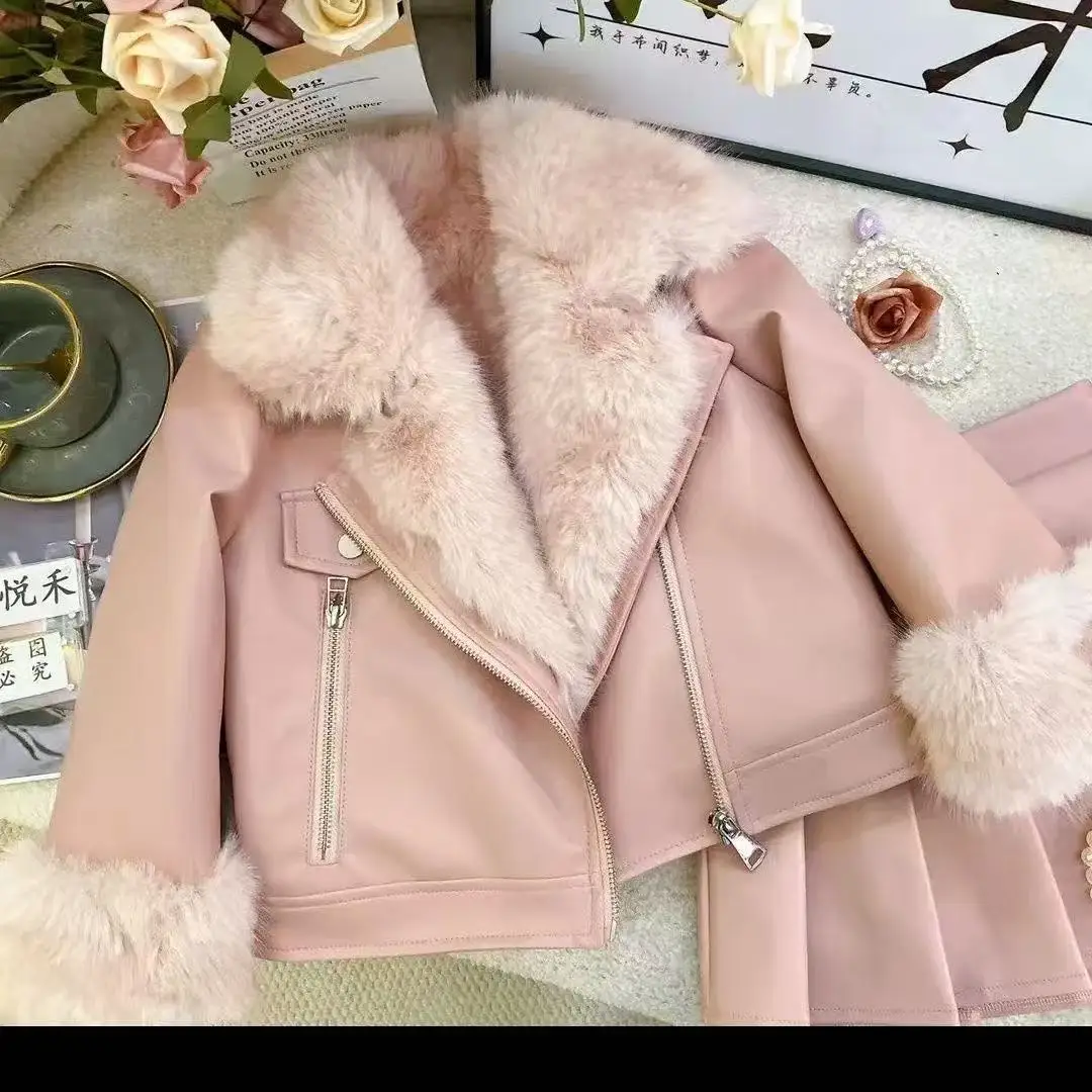 Girls Warm Lapel Solid Leather Jacket And Pleated Skirt Two-Piece Winter Children's Clothing Set Toddler Kids Outfits