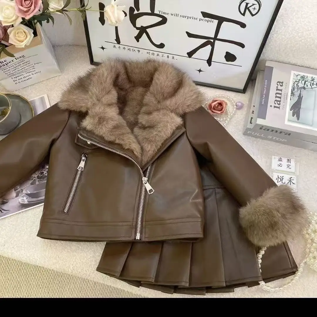 Girls Warm Lapel Solid Leather Jacket And Pleated Skirt Two-Piece Winter Children's Clothing Set Toddler Kids Outfits