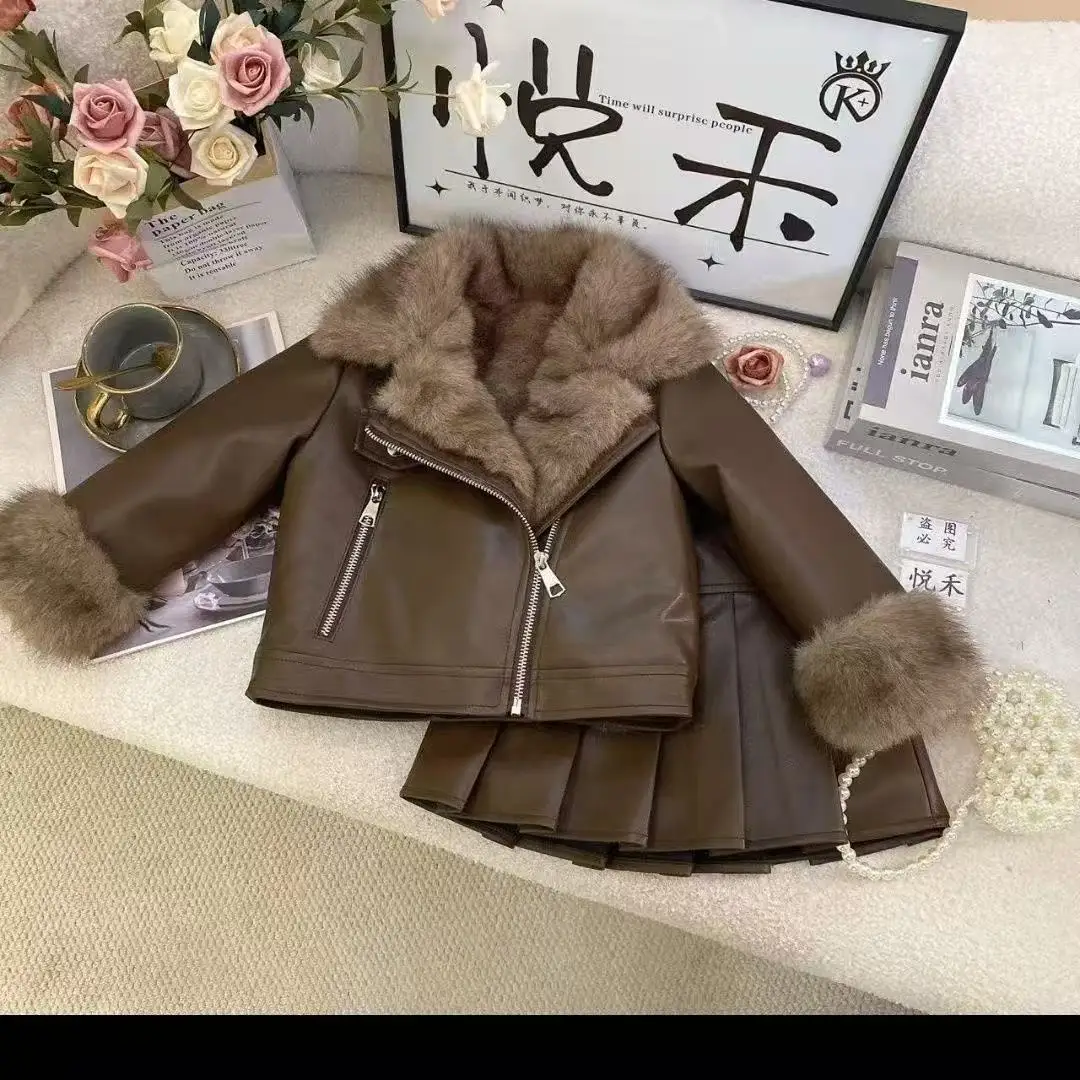 Girls Warm Lapel Solid Leather Jacket And Pleated Skirt Two-Piece Winter Children's Clothing Set Toddler Kids Outfits