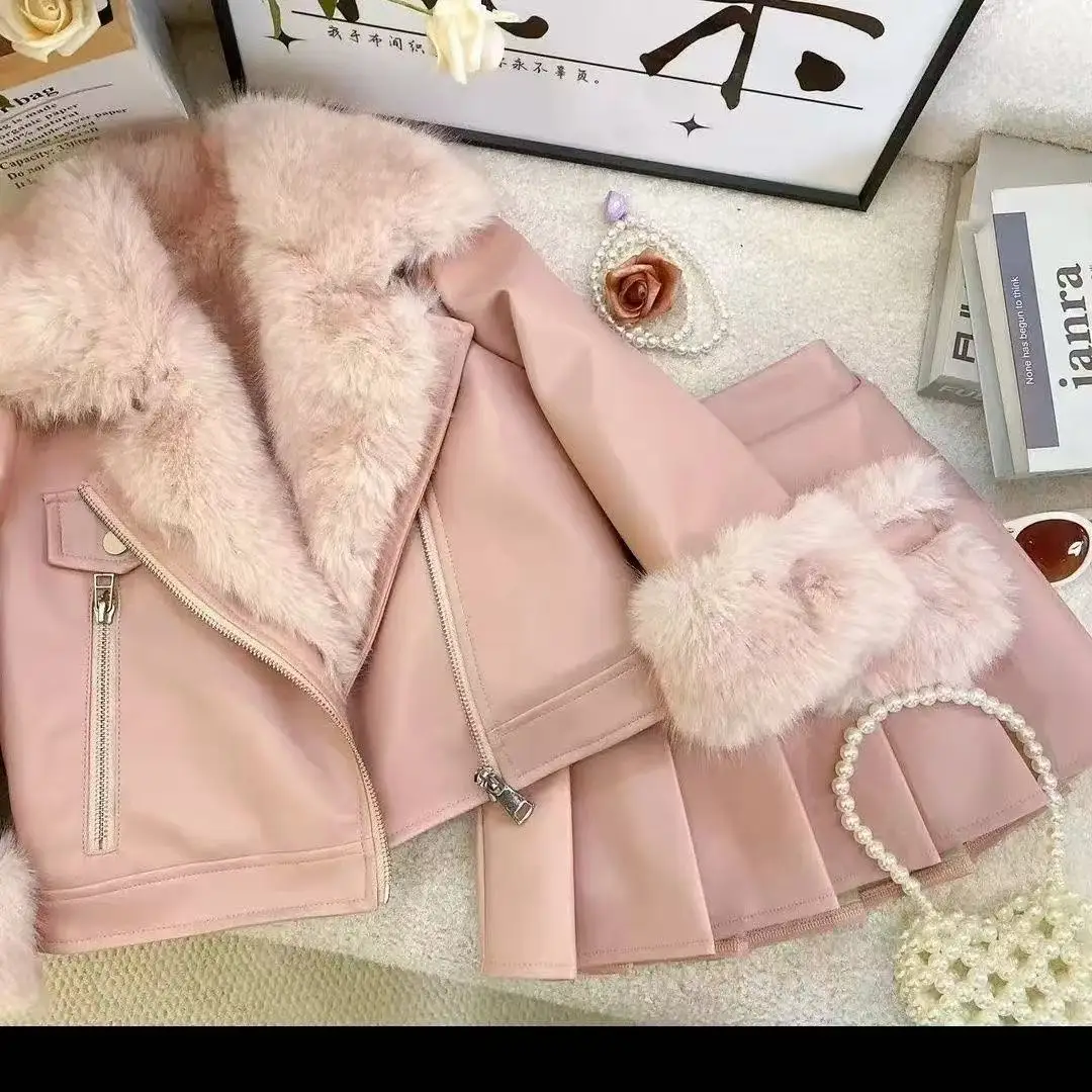 Girls Warm Lapel Solid Leather Jacket And Pleated Skirt Two-Piece Winter Children's Clothing Set Toddler Kids Outfits