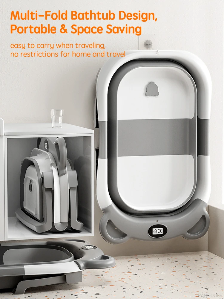 PANGDUBE Portable Foldable Baby Bathtub, Travel Bathtub for Newborn 0-36 Months, Real-Time Temp Sensor, Floating Bath Mat