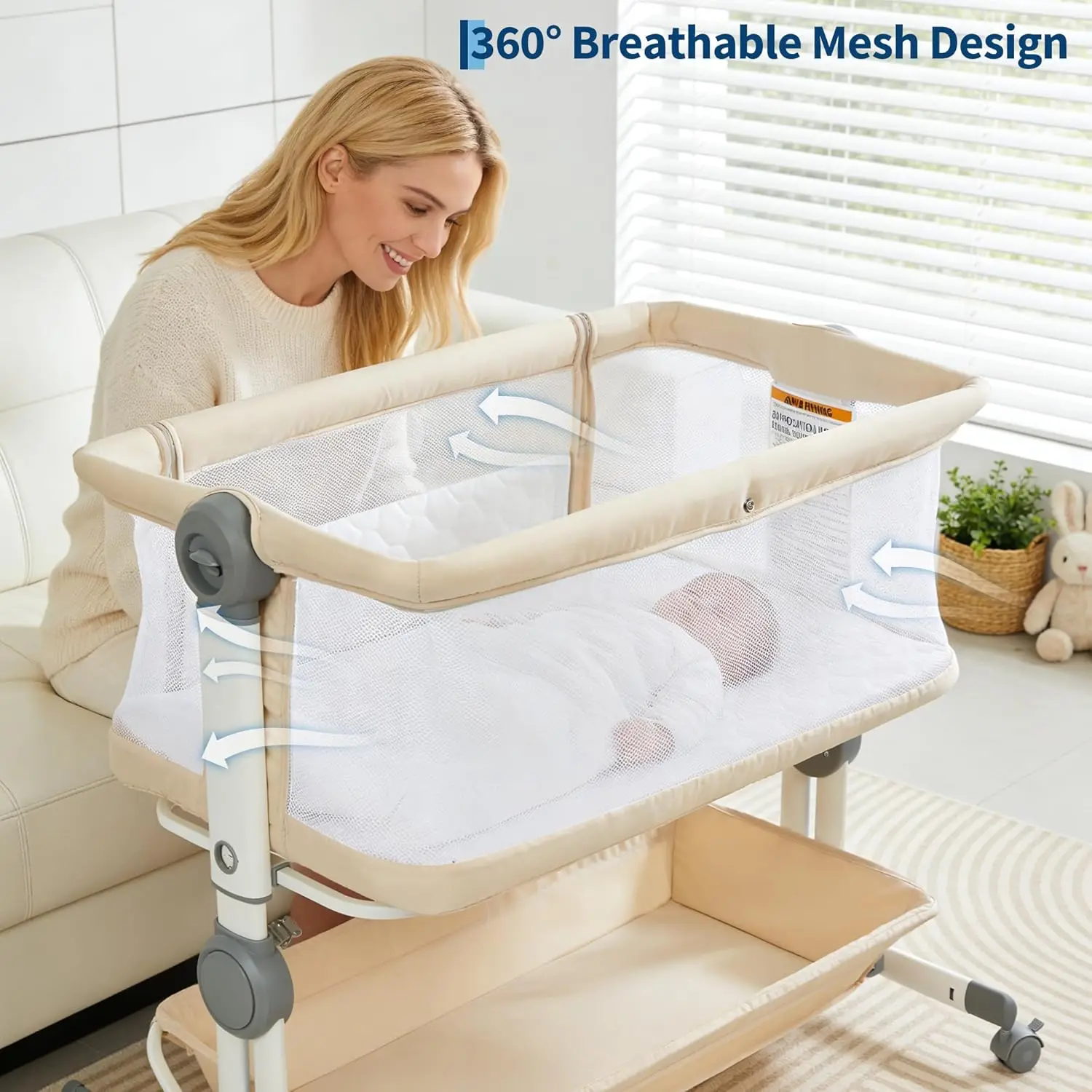 Baby Crib 3 in 1 Baby Bed Bedside Crib Baby Playpen 0-3 years child multi-function folding and lifting With Mosquito Net & Wheel