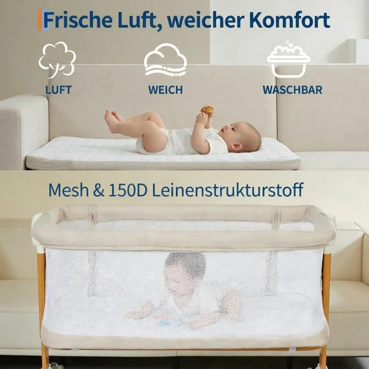 Baby Crib 3 in 1 Baby Bed Bedside Crib Baby Playpen 0-3 years child multi-function folding and lifting With Mosquito Net & Wheel