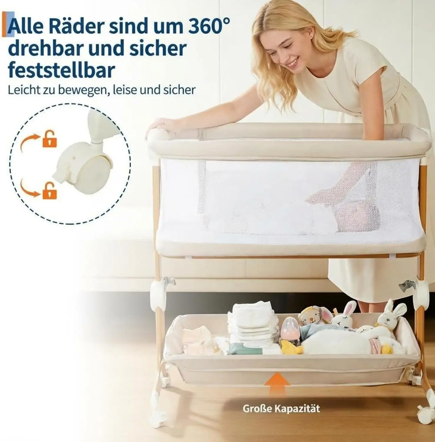 Baby Crib 3 in 1 Baby Bed Bedside Crib Baby Playpen 0-3 years child multi-function folding and lifting With Mosquito Net & Wheel