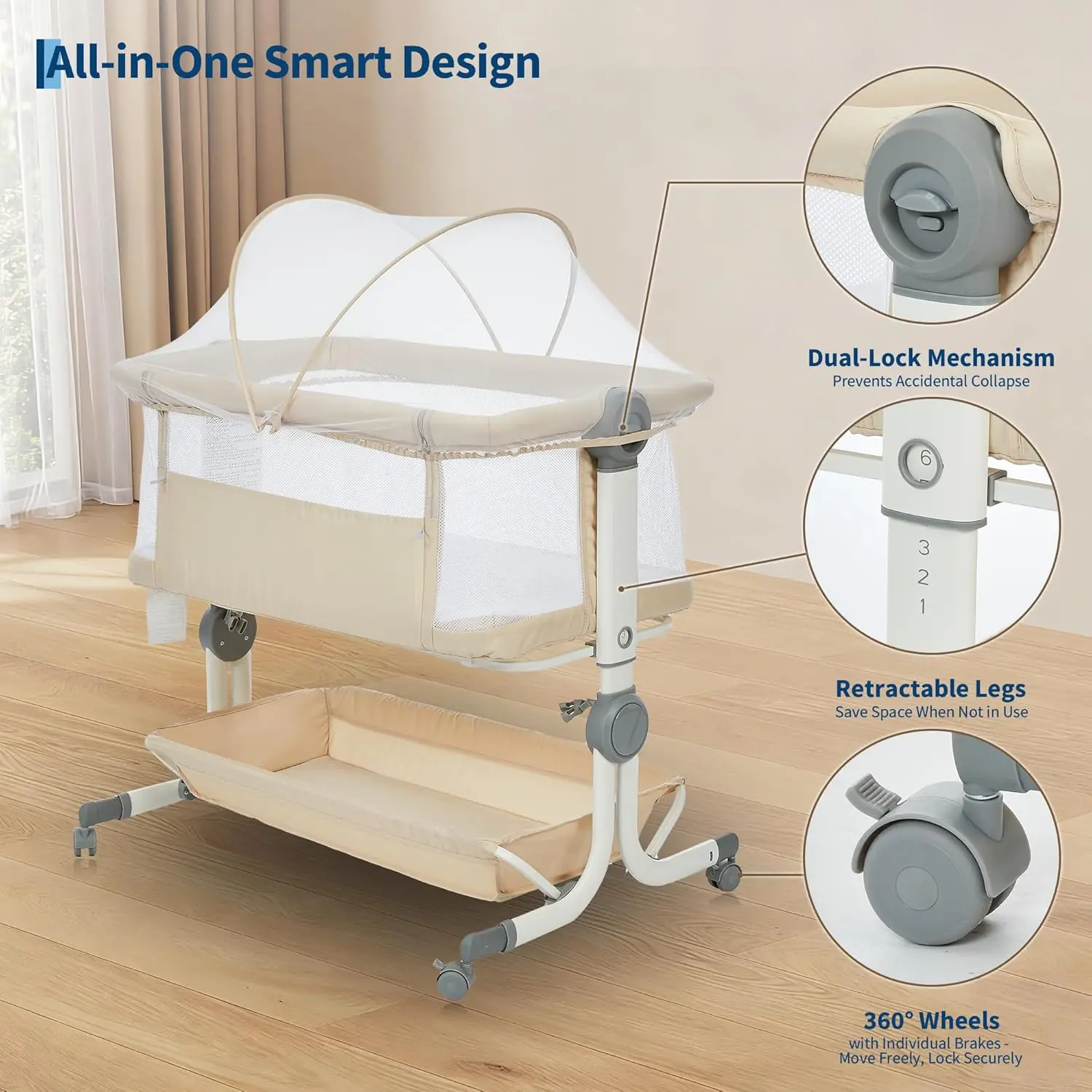 Baby Crib 3 in 1 Baby Bed Bedside Crib Baby Playpen 0-3 years child multi-function folding and lifting With Mosquito Net & Wheel