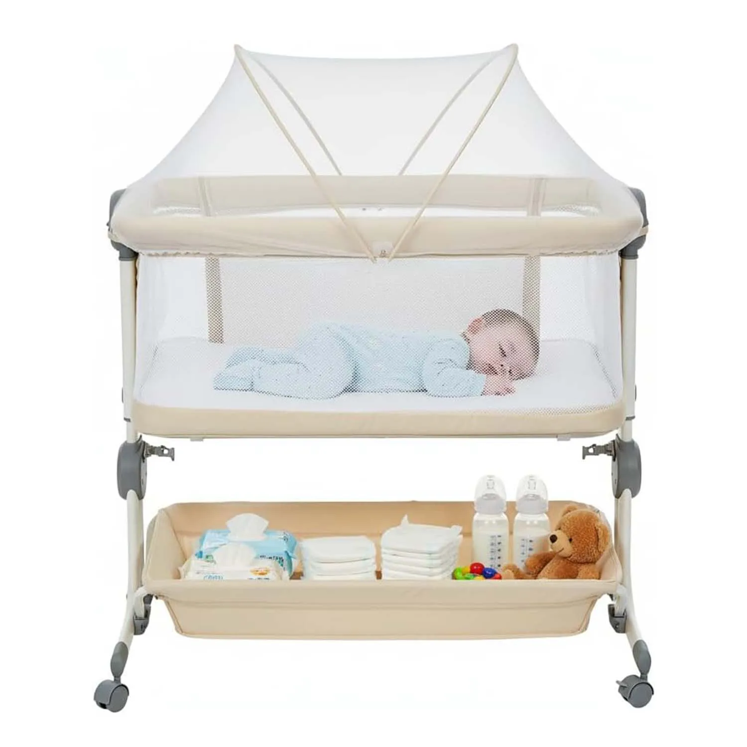 Baby Crib 3 in 1 Baby Bed Bedside Crib Baby Playpen 0-3 years child multi-function folding and lifting With Mosquito Net & Wheel