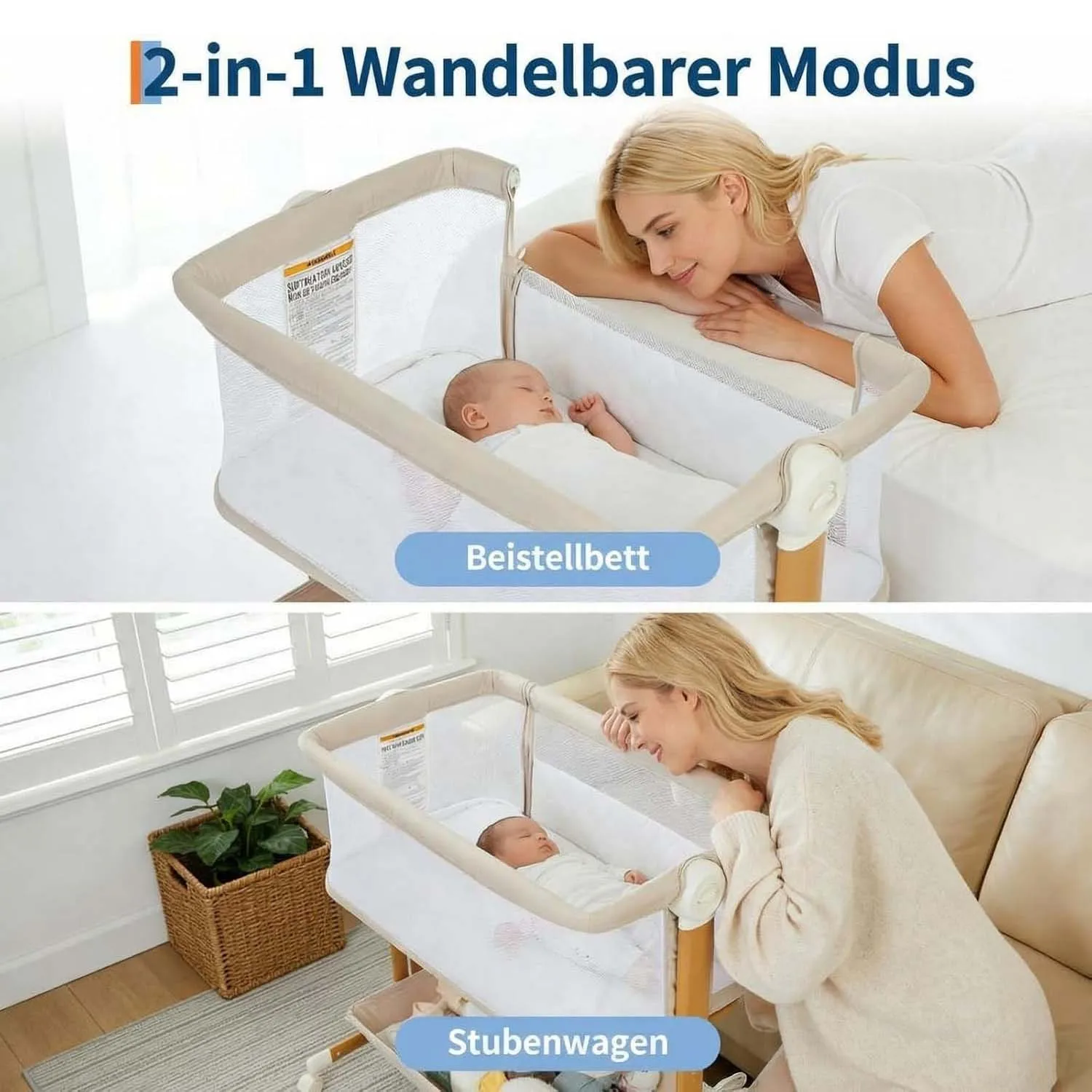 Baby Crib 3 in 1 Baby Bed Bedside Crib Baby Playpen 0-3 years child multi-function folding and lifting With Mosquito Net & Wheel