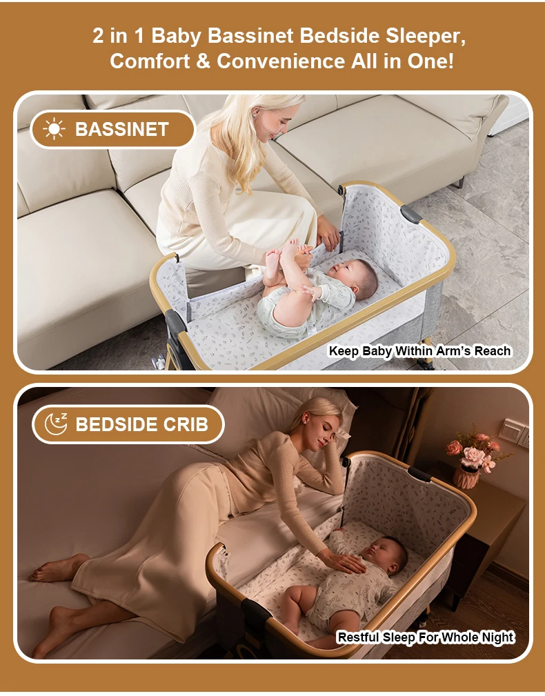 2026 Elegant Foldable Baby Crib, Multi‑Functional Height Adjustable Movable Bedside Swing Cradle, Portable Infant Sleeping Bed for Newborn Home & Travel Use