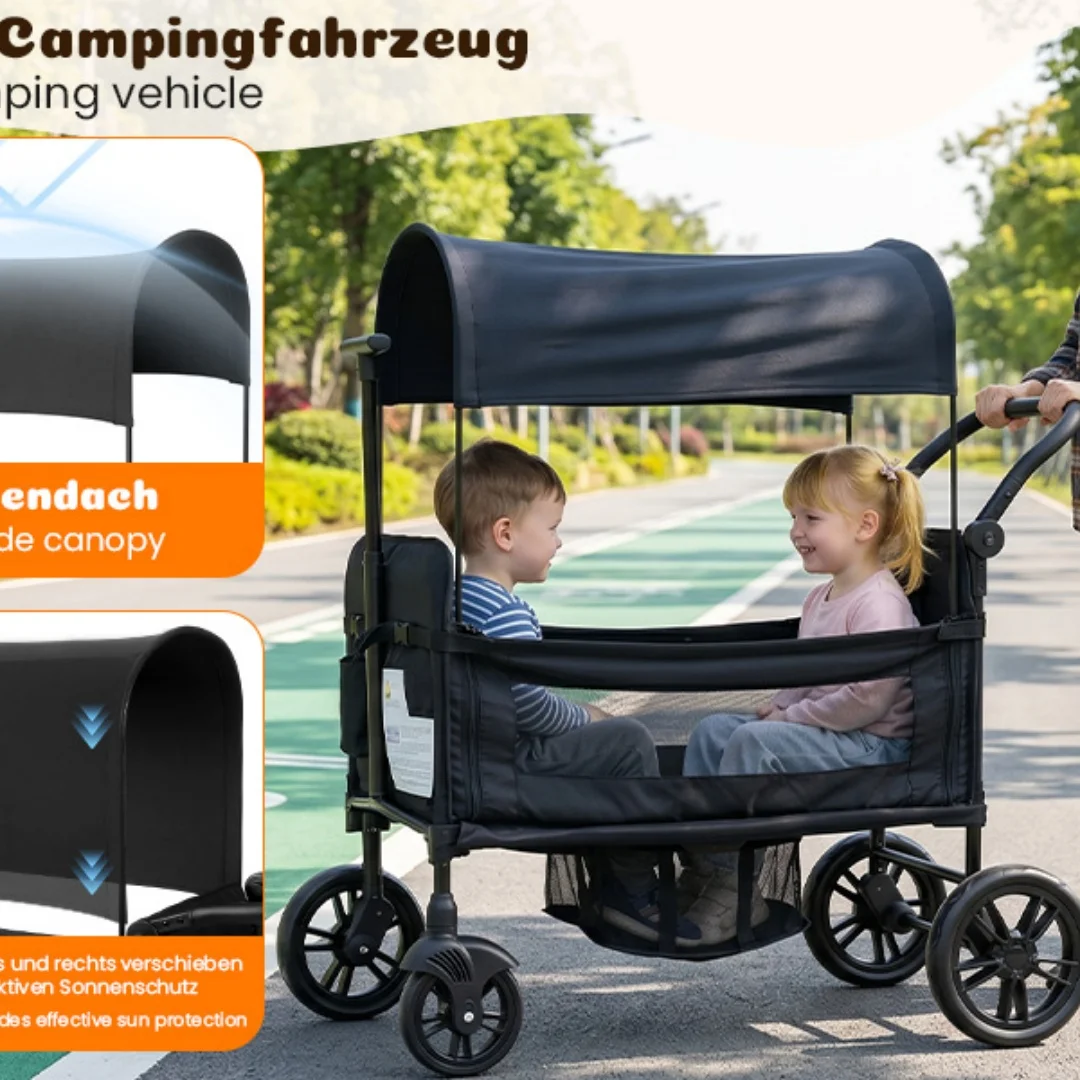 Stroller for 2 Children, Foldable Stroller with 2 High Seats with 8-Point Harnesses and Adjustable Canopy, with Sunshade, 5-Point Harness, 600D Oxford Cloth and Breathable Elastic Band, Perfect for Garden, Camping, Grocery Cart. Black.