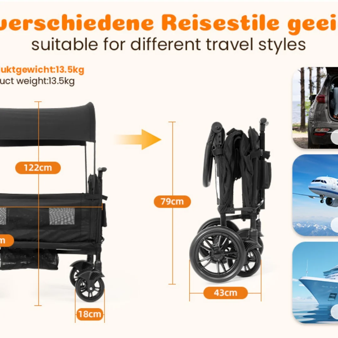 Stroller for 2 Children, Foldable Stroller with 2 High Seats with 8-Point Harnesses and Adjustable Canopy, with Sunshade, 5-Point Harness, 600D Oxford Cloth and Breathable Elastic Band, Perfect for Garden, Camping, Grocery Cart. Black.