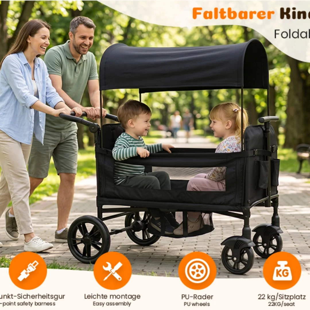 Stroller for 2 Children, Foldable Stroller with 2 High Seats with 8-Point Harnesses and Adjustable Canopy, with Sunshade, 5-Point Harness, 600D Oxford Cloth and Breathable Elastic Band, Perfect for Garden, Camping, Grocery Cart. Black.