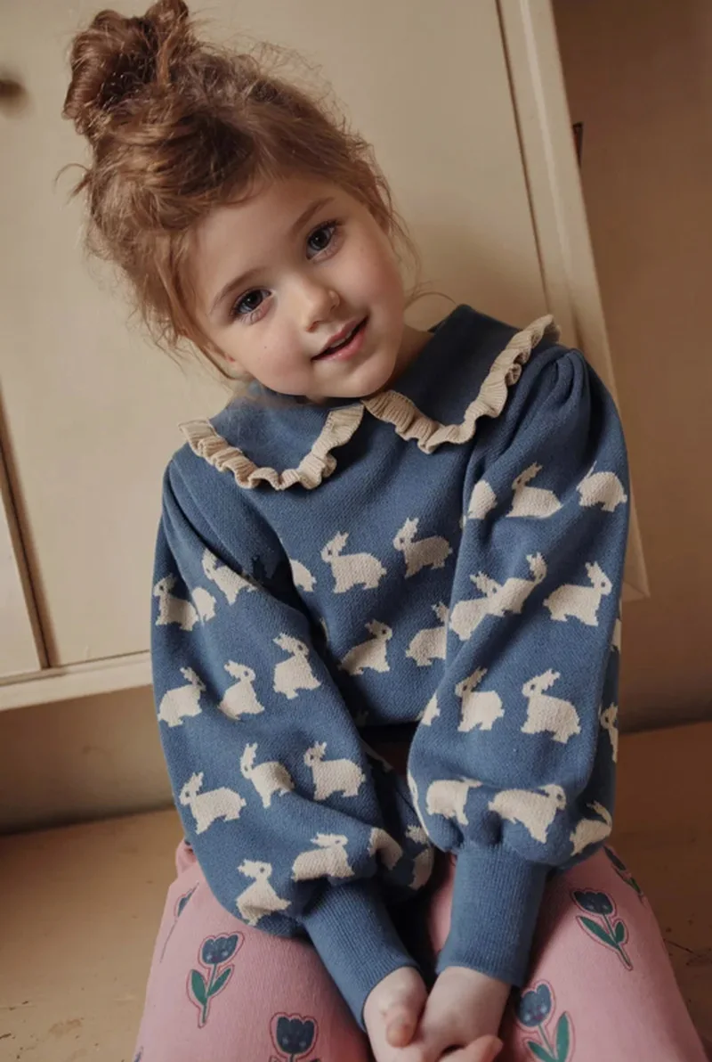 2026 Fall/Winter New Girls' Sweater Cute Rabbit Versatile Printed Knitted Sweater Children's Western-style Long-Sleeved Top