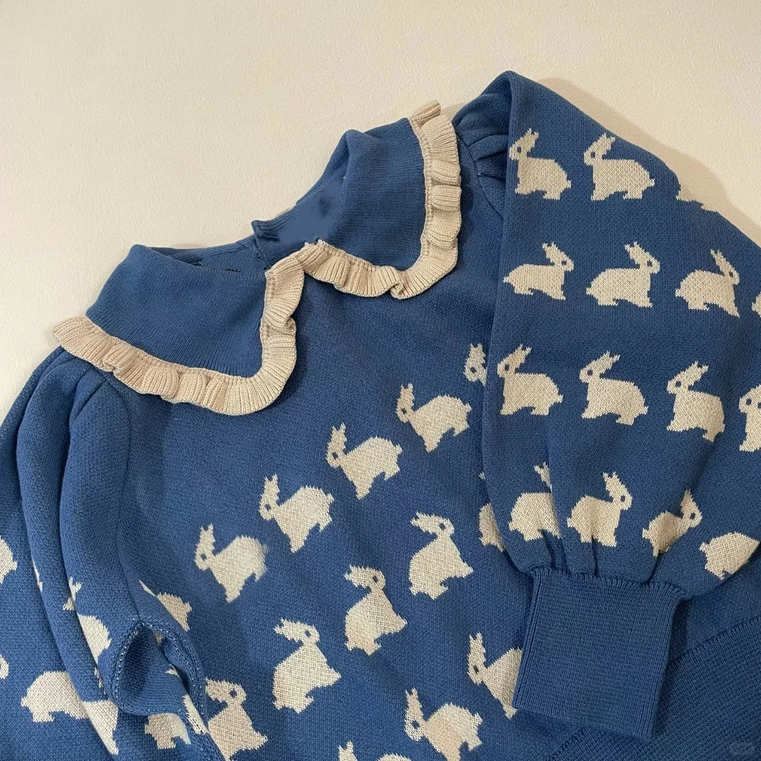 2026 Fall/Winter New Girls' Sweater Cute Rabbit Versatile Printed Knitted Sweater Children's Western-style Long-Sleeved Top