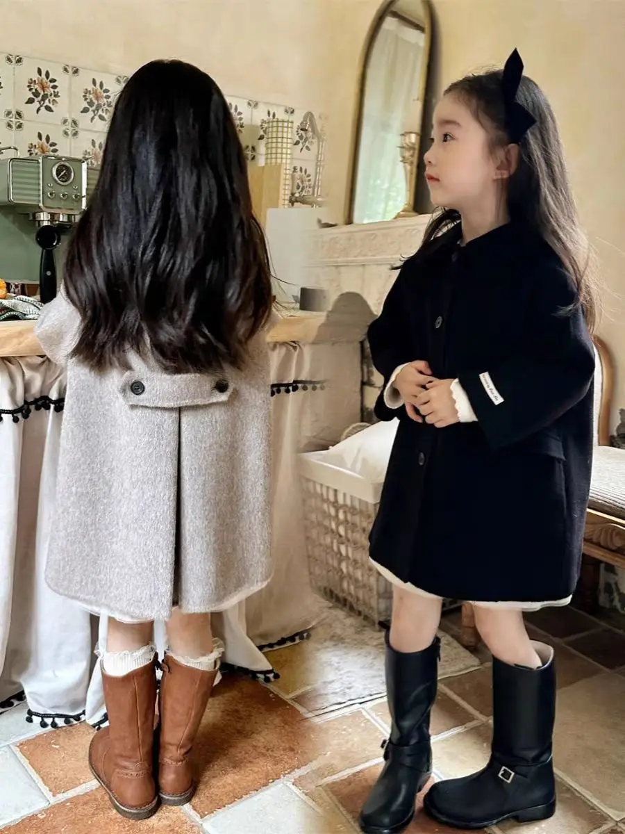 90-160cm Girls' Woolen Coat Autumn/Winter New Children's Retro Green Collar Double sided Woven Bow Overcoat