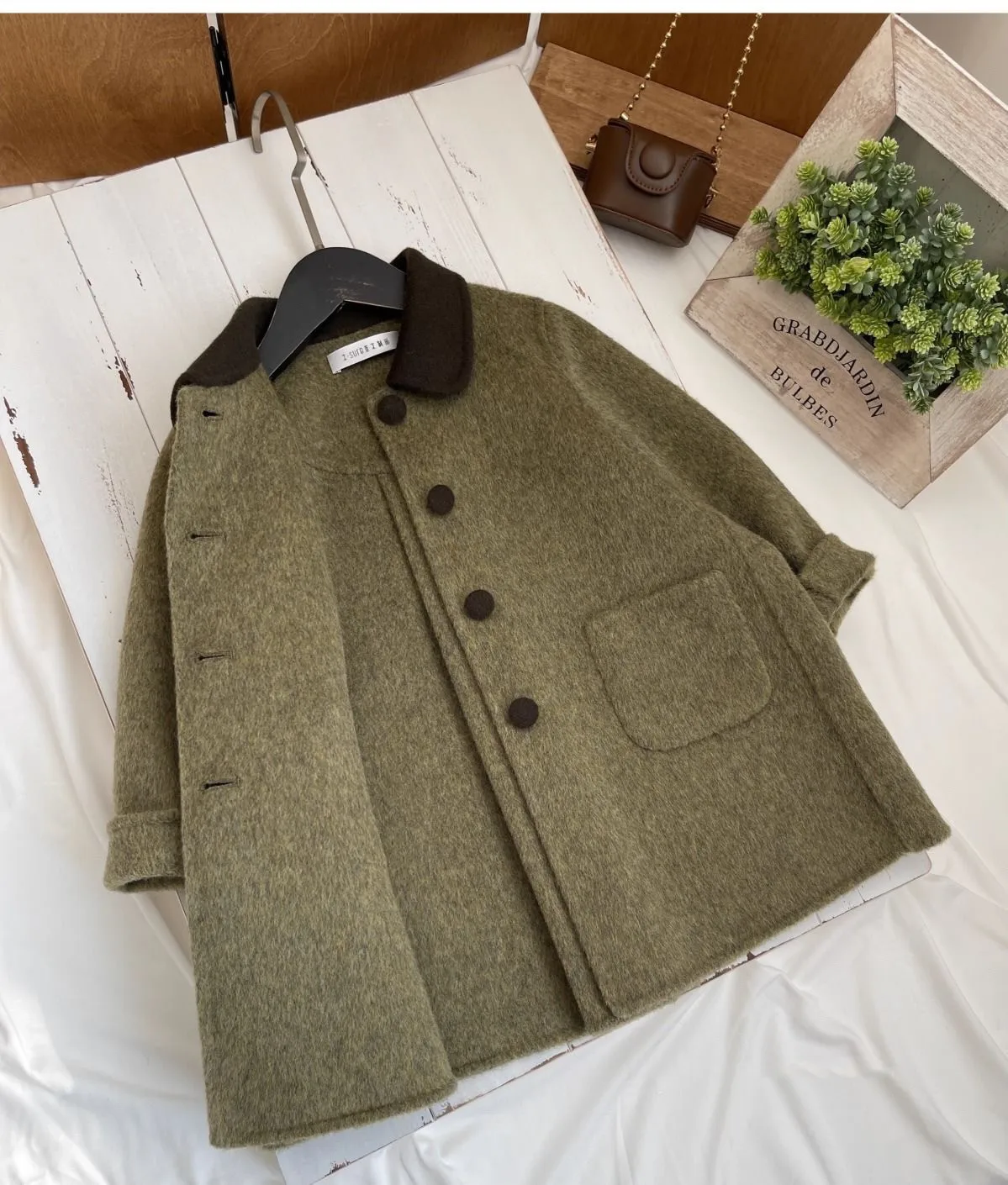 90-160cm Girls' Woolen Coat Autumn/Winter New Children's Retro Green Collar Double sided Woven Bow Overcoat