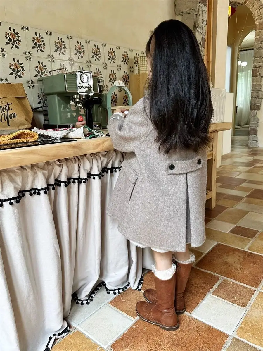 90-160cm Girls' Woolen Coat Autumn/Winter New Children's Retro Green Collar Double sided Woven Bow Overcoat