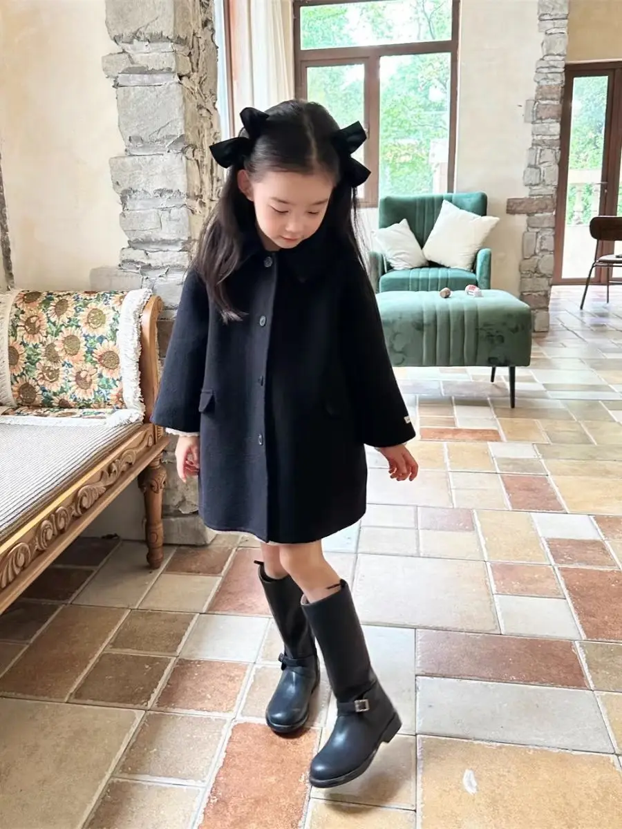 90-160cm Girls' Woolen Coat Autumn/Winter New Children's Retro Green Collar Double sided Woven Bow Overcoat