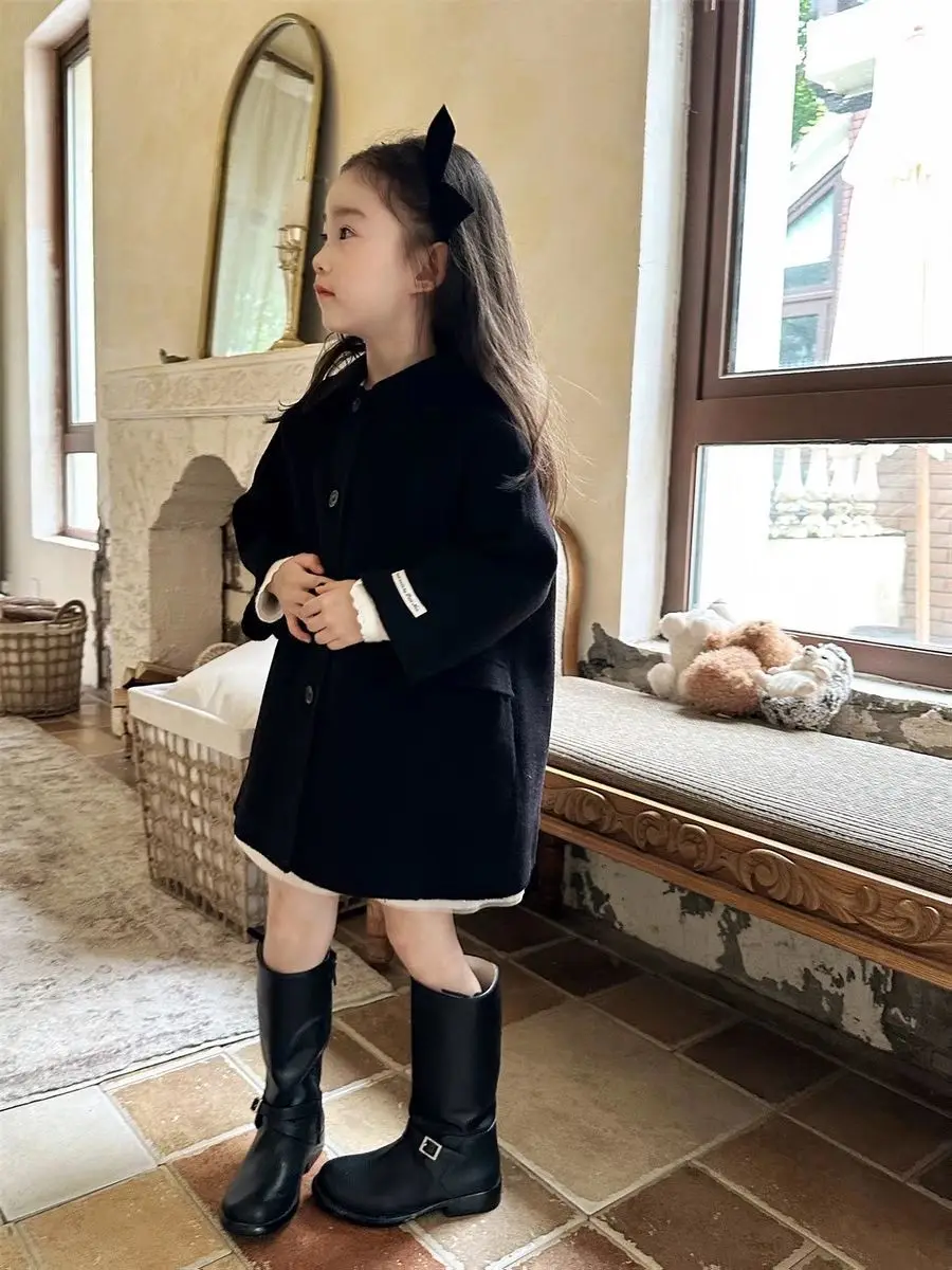 90-160cm Girls' Woolen Coat Autumn/Winter New Children's Retro Green Collar Double sided Woven Bow Overcoat