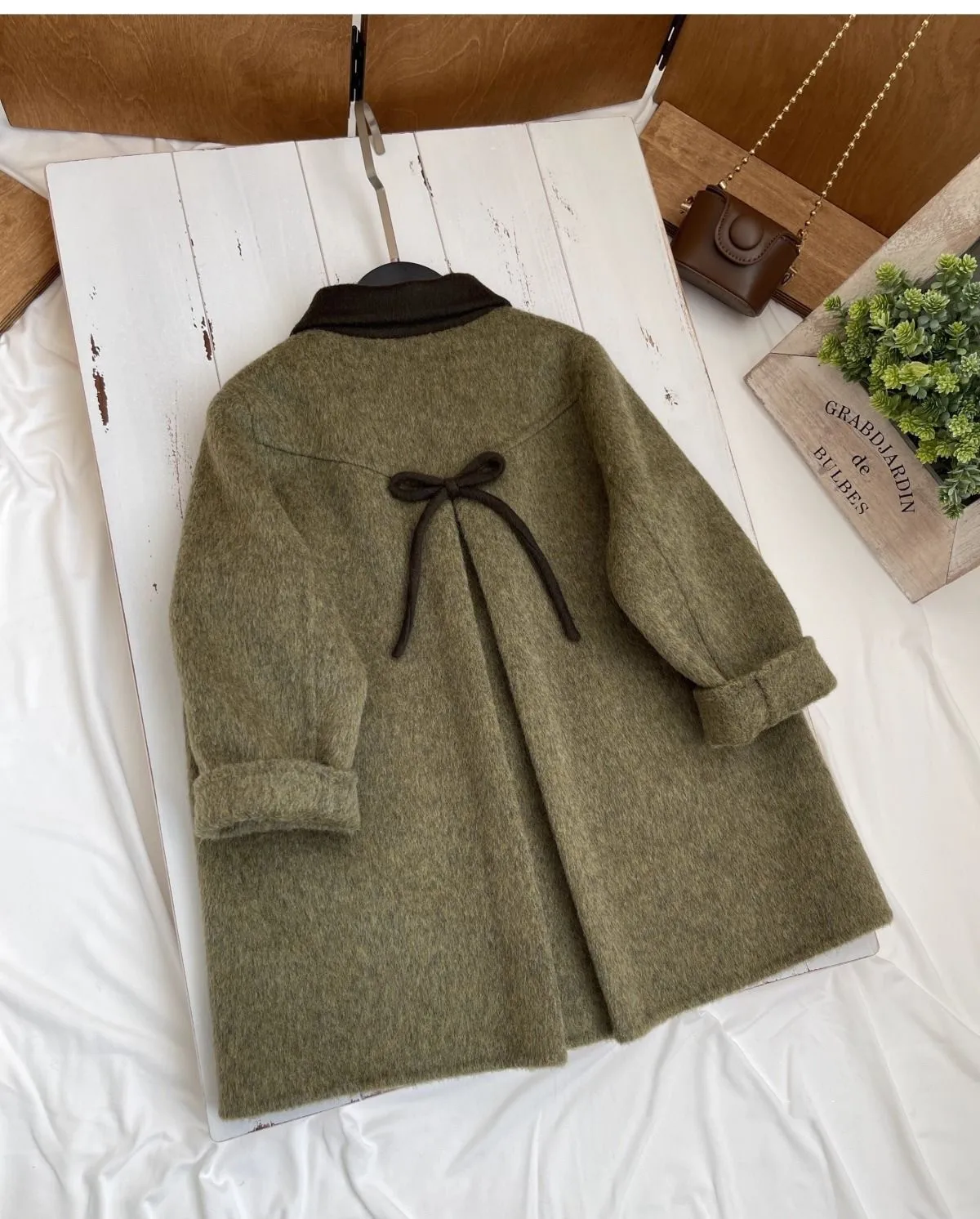 90-160cm Girls' Woolen Coat Autumn/Winter New Children's Retro Green Collar Double sided Woven Bow Overcoat