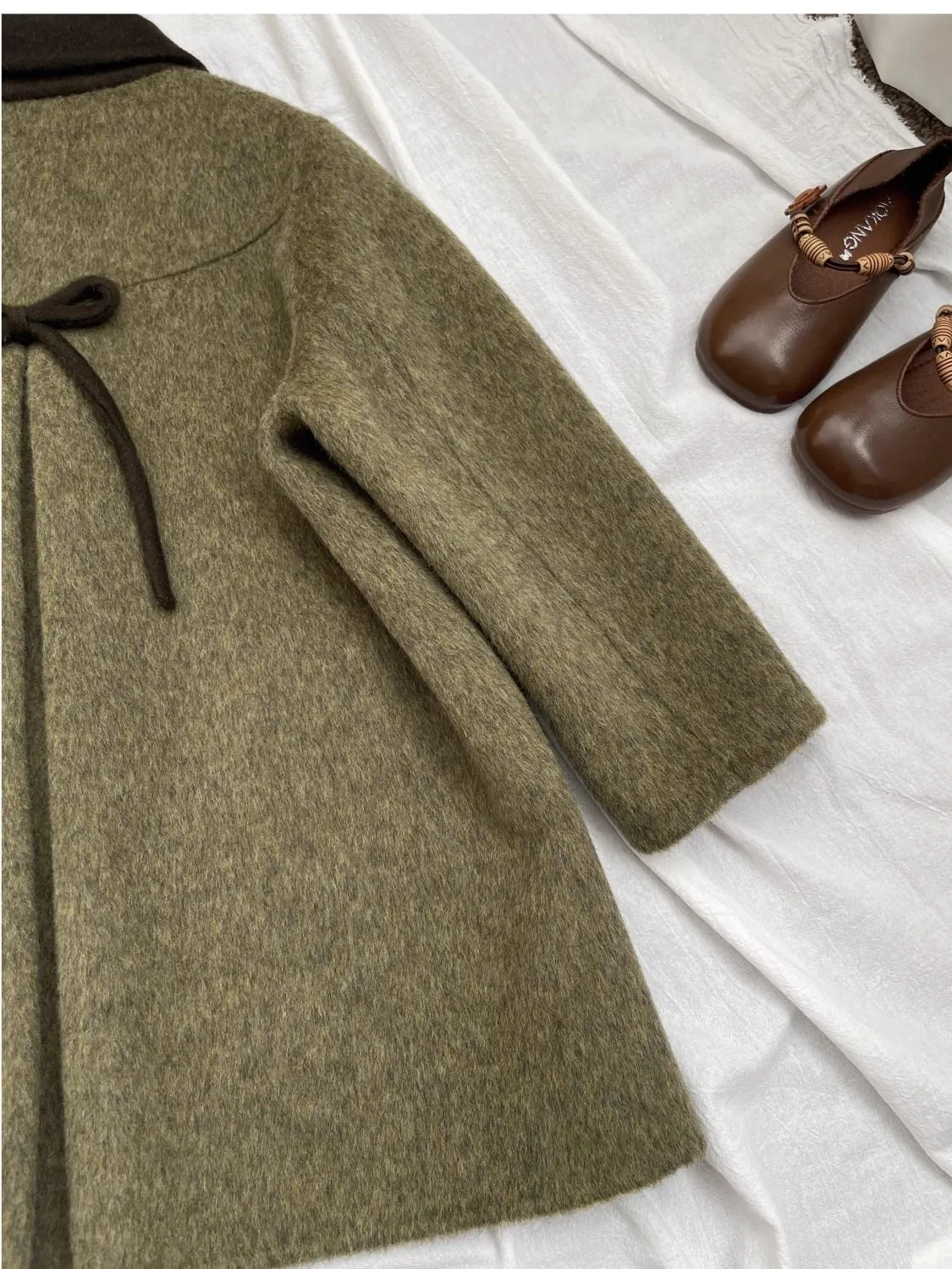 90-160cm Girls' Woolen Coat Autumn/Winter New Children's Retro Green Collar Double sided Woven Bow Overcoat