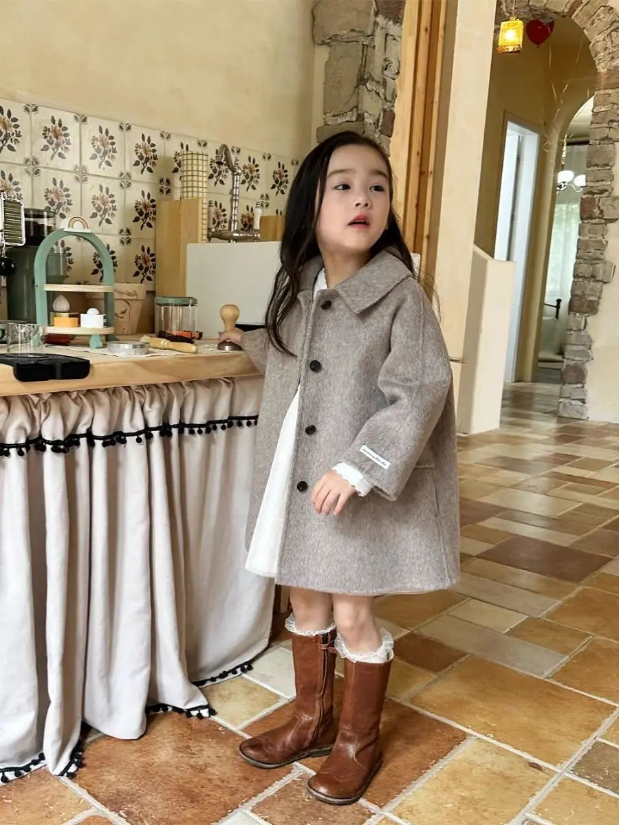 90-160cm Girls' Woolen Coat Autumn/Winter New Children's Retro Green Collar Double sided Woven Bow Overcoat