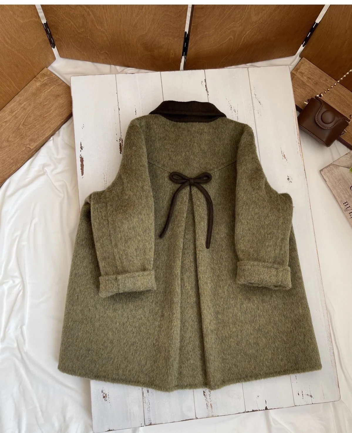 90-160cm Girls' Woolen Coat Autumn/Winter New Children's Retro Green Collar Double sided Woven Bow Overcoat