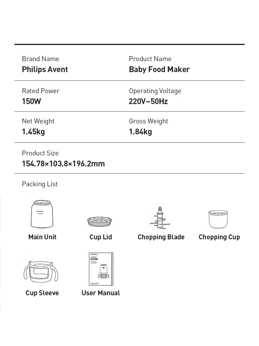Philips Avent Baby Food Maker 150W 2 Glass Cups 2 Blades 25000RPM 316L 8-Blade Cutter Mini Food Processor