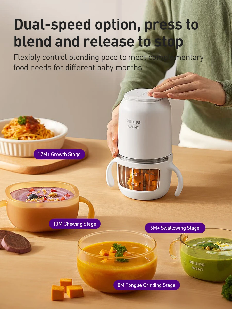 Philips Avent Baby Food Maker 150W 2 Glass Cups 2 Blades 25000RPM 316L 8-Blade Cutter Mini Food Processor