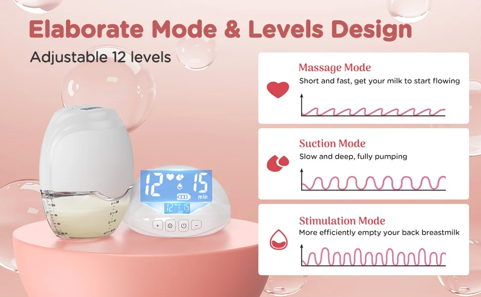 Wearable Breast Pump, Hands-Free, with Longer Battery Life & LED Display, Leakproof Design, Portable Electric Breast Pump with 3 Modes & 12 Levels & Low Noise, Portable Breastfeeding Device with Carrying Case.