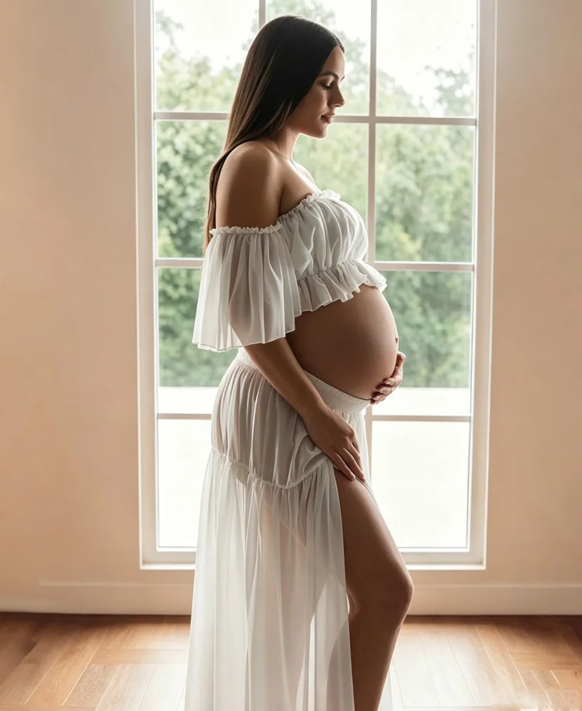 Cooling White Chiffon Maternity Dress - Breathable Lightweight Two Piece Off Shoulder Summer Gown for Maternity Photoshoot