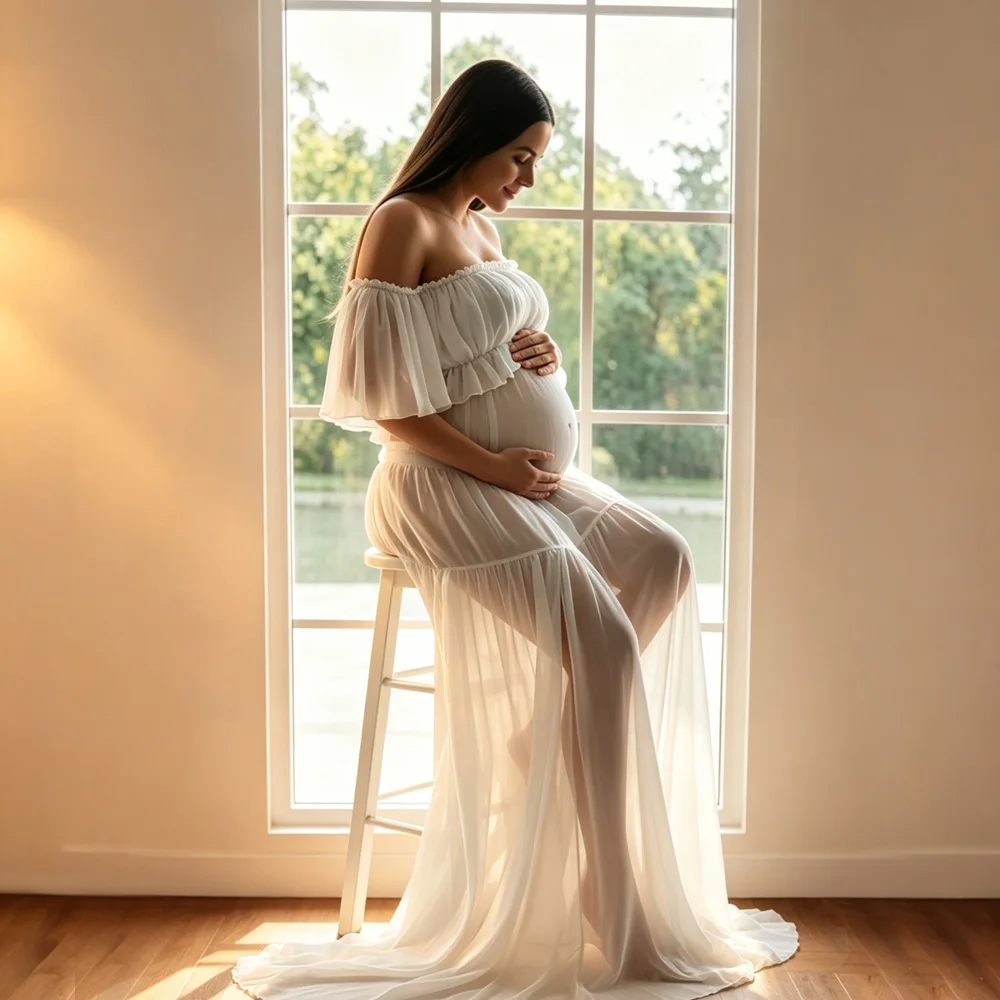 Cooling White Chiffon Maternity Dress - Breathable Lightweight Two Piece Off Shoulder Summer Gown for Maternity Photoshoot