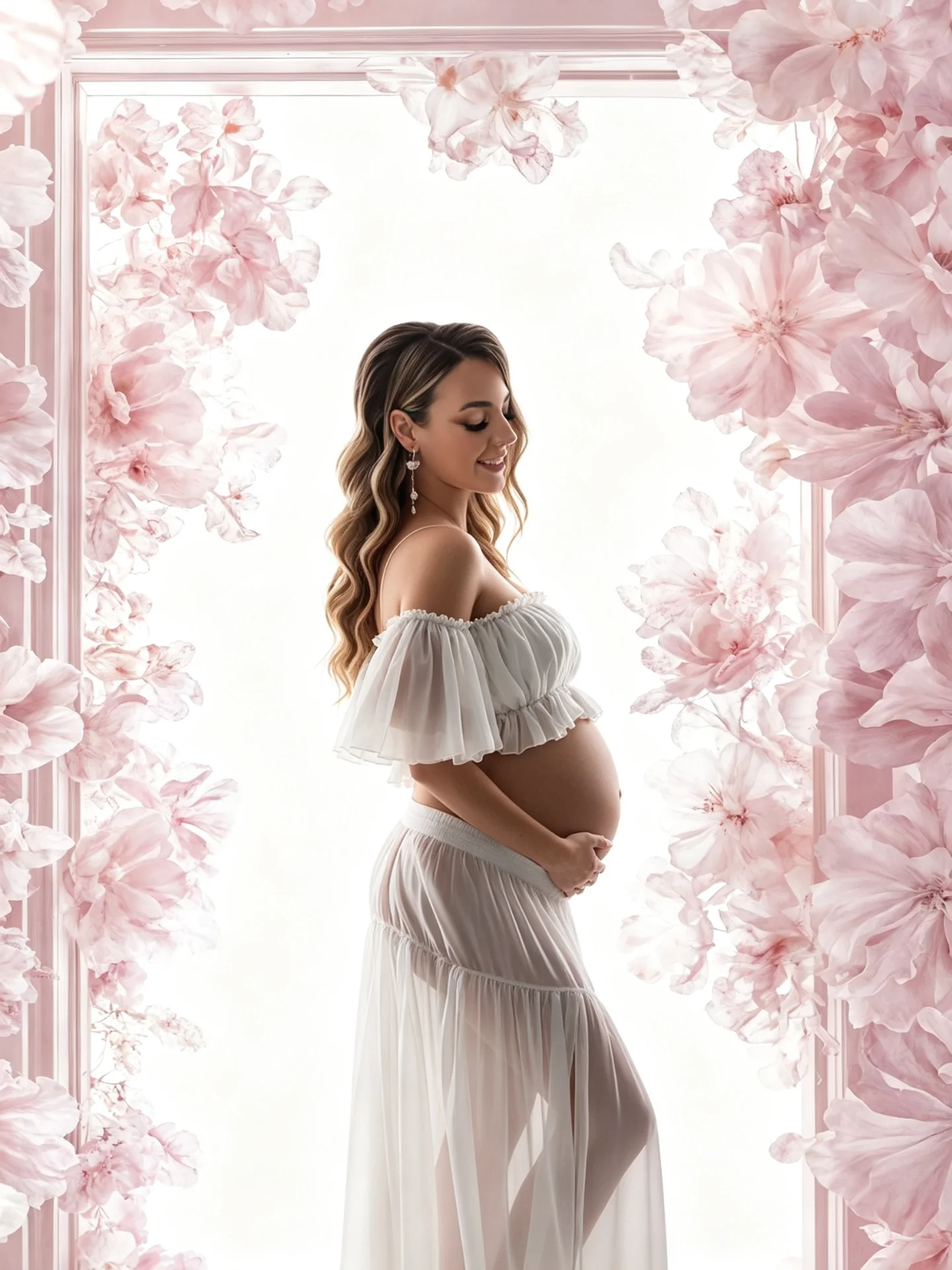 Cooling White Chiffon Maternity Dress - Breathable Lightweight Two Piece Off Shoulder Summer Gown for Maternity Photoshoot
