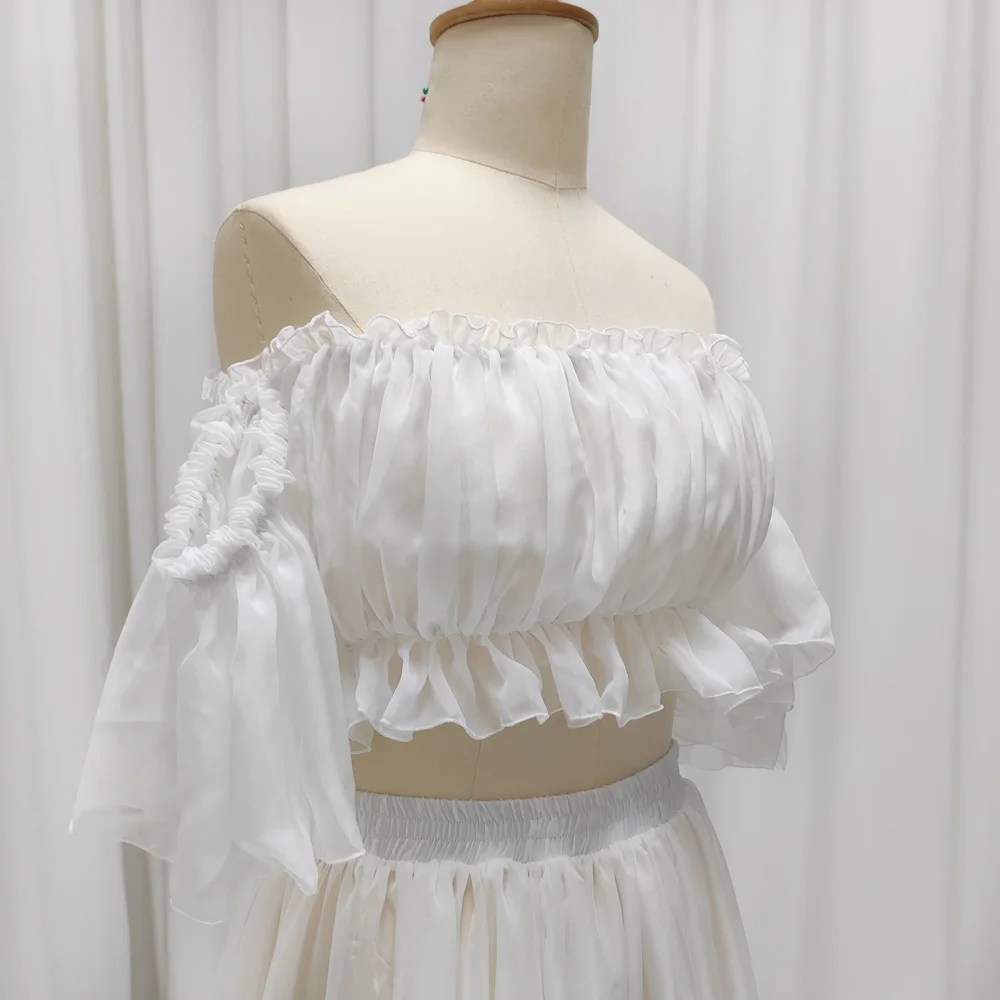 Cooling White Chiffon Maternity Dress - Breathable Lightweight Two Piece Off Shoulder Summer Gown for Maternity Photoshoot