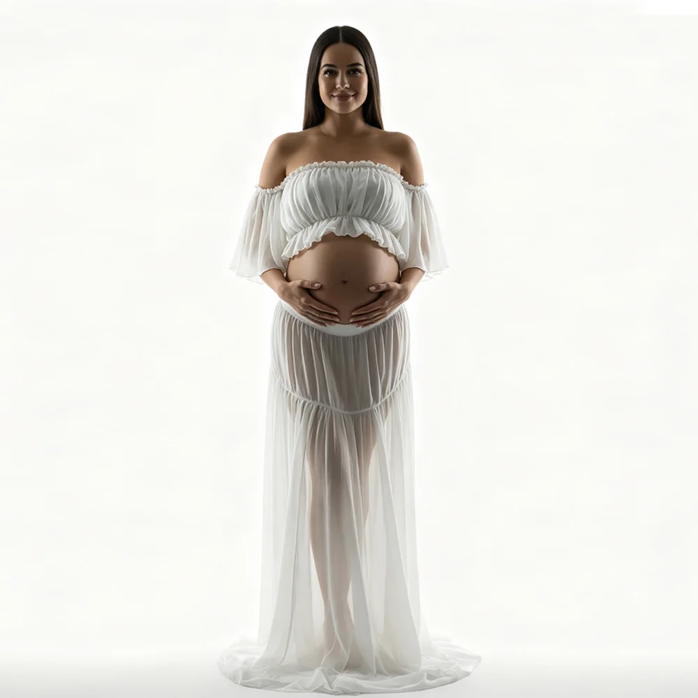 Cooling White Chiffon Maternity Dress - Breathable Lightweight Two Piece Off Shoulder Summer Gown for Maternity Photoshoot