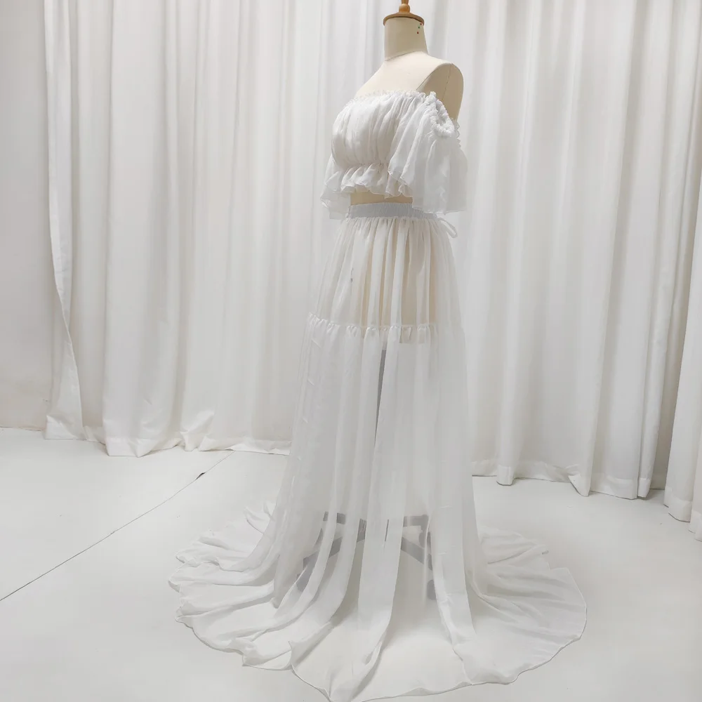 Cooling White Chiffon Maternity Dress - Breathable Lightweight Two Piece Off Shoulder Summer Gown for Maternity Photoshoot