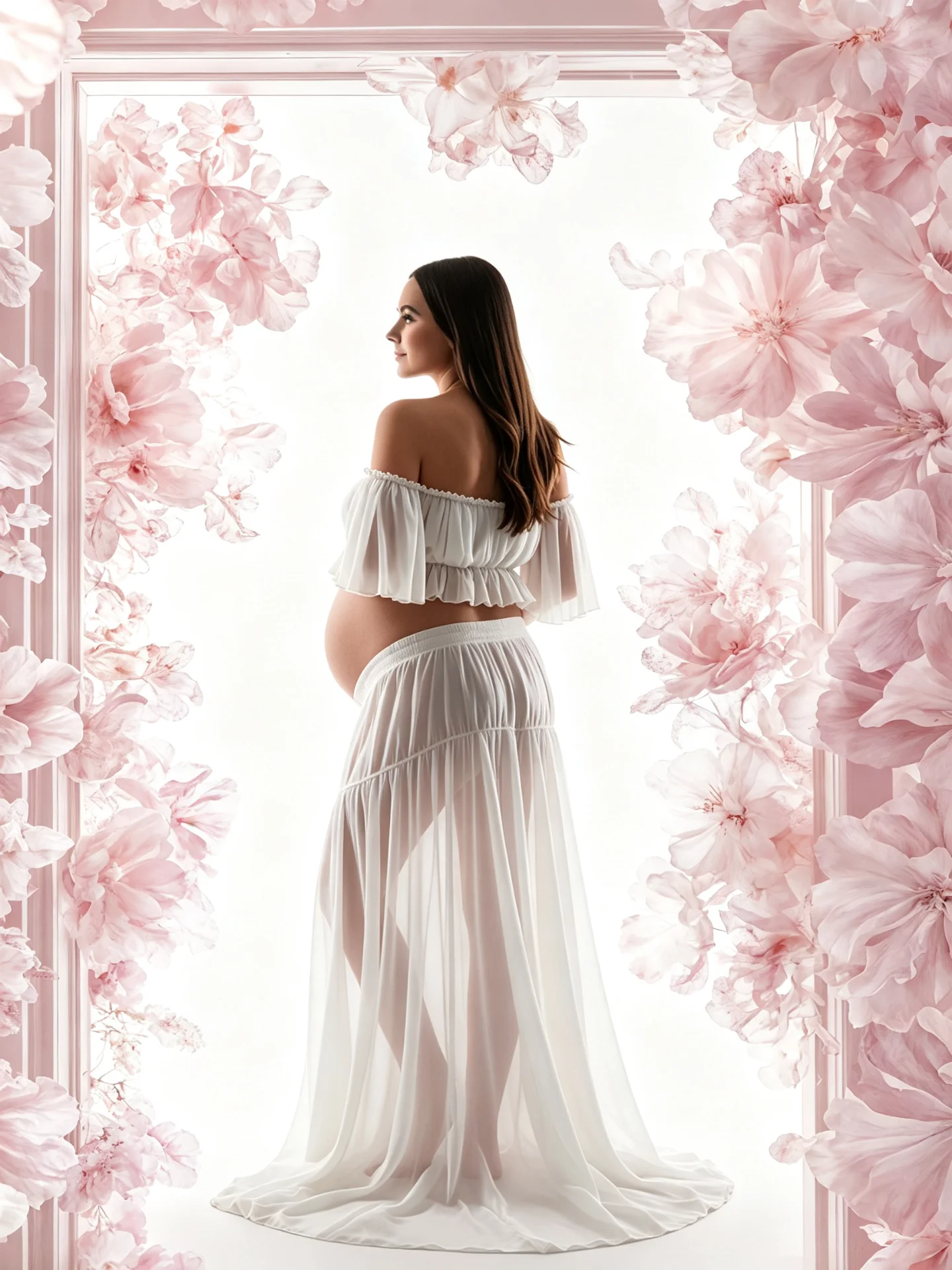 Cooling White Chiffon Maternity Dress - Breathable Lightweight Two Piece Off Shoulder Summer Gown for Maternity Photoshoot