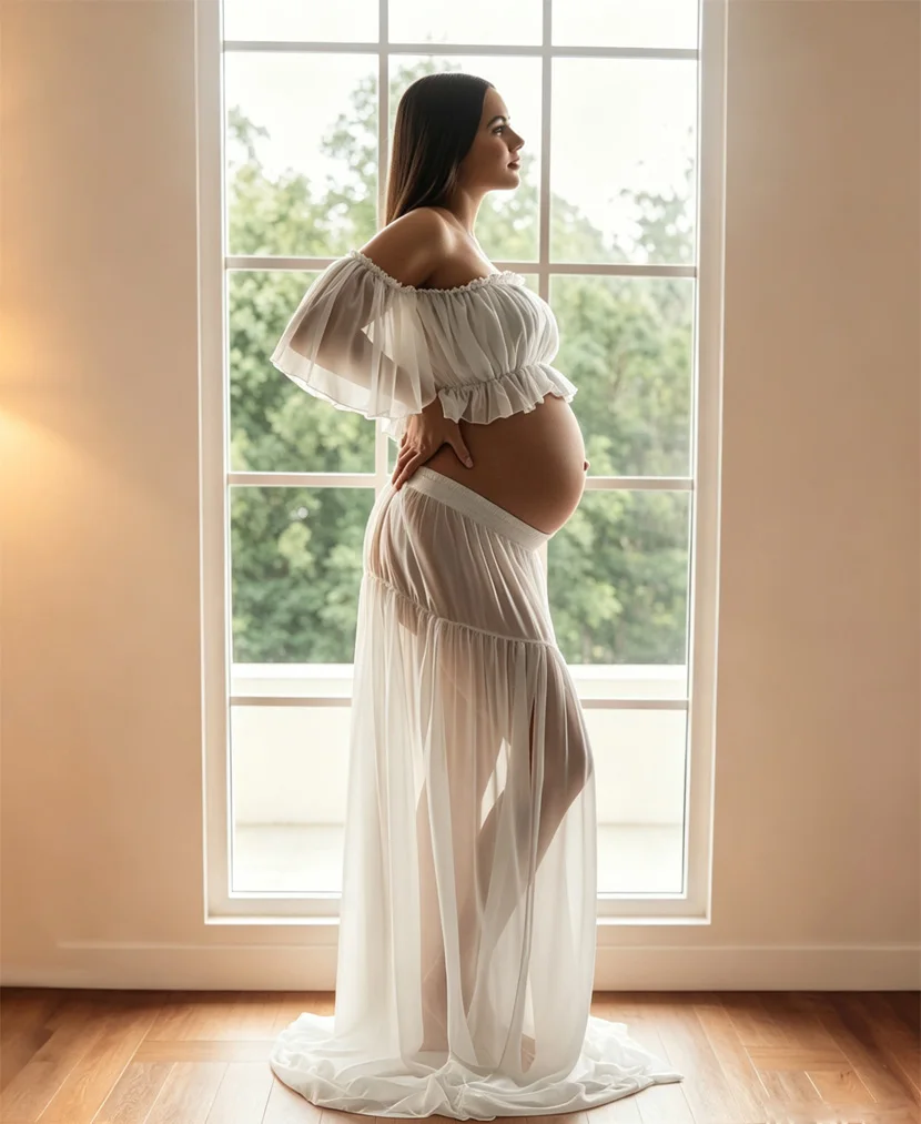 Cooling White Chiffon Maternity Dress - Breathable Lightweight Two Piece Off Shoulder Summer Gown for Maternity Photoshoot