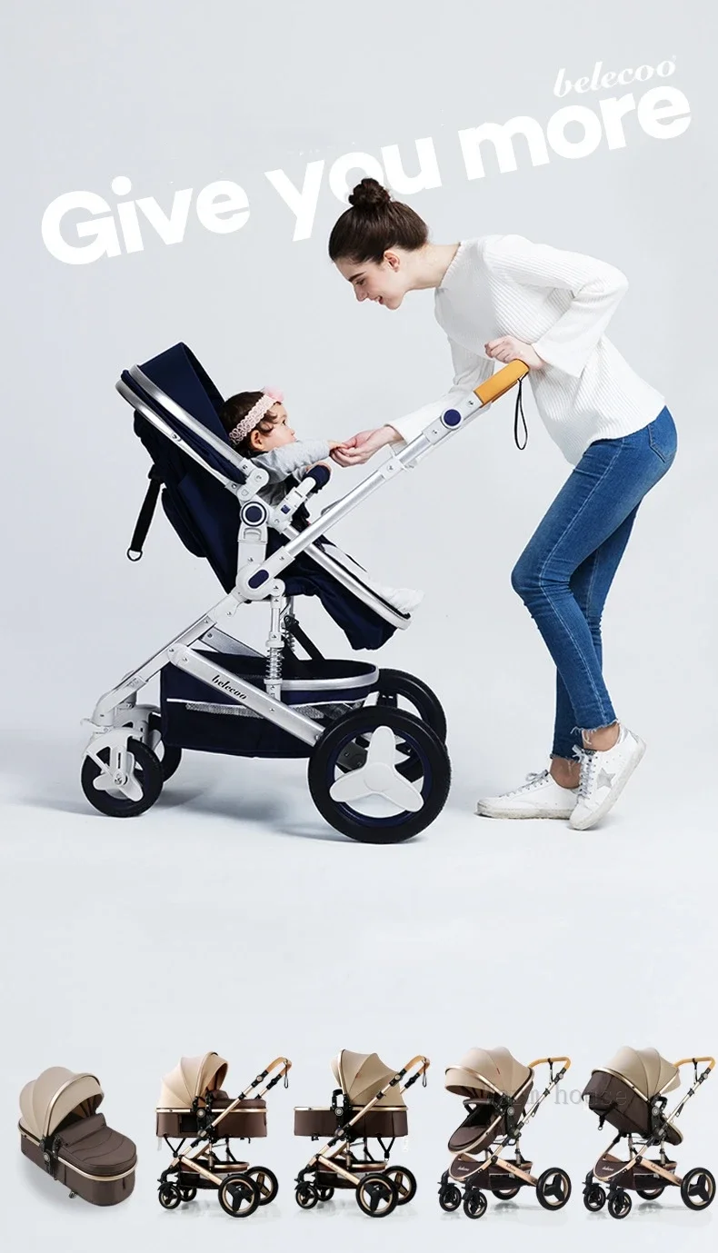 Baby Stroller 3 in 1 with Car Seat 530D Baby Carriage Removed Sleeping Basket Two-way Travel Stroller High Quality Belecoo