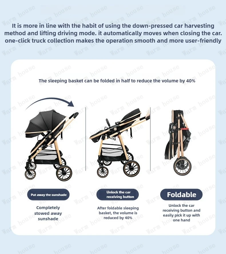 Lightweight 2in1 Baby Stroller High-view Four-wheel Baby Stroller Foldable Two-way Baby Stroller Removable Sleeping Basket