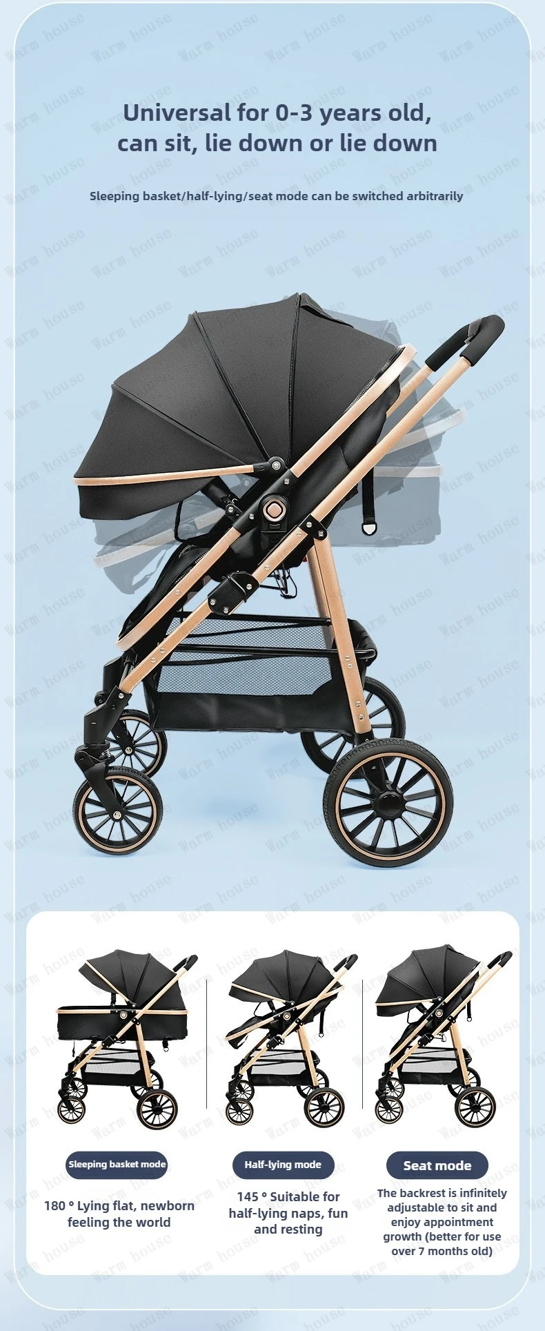 Lightweight 2in1 Baby Stroller High-view Four-wheel Baby Stroller Foldable Two-way Baby Stroller Removable Sleeping Basket