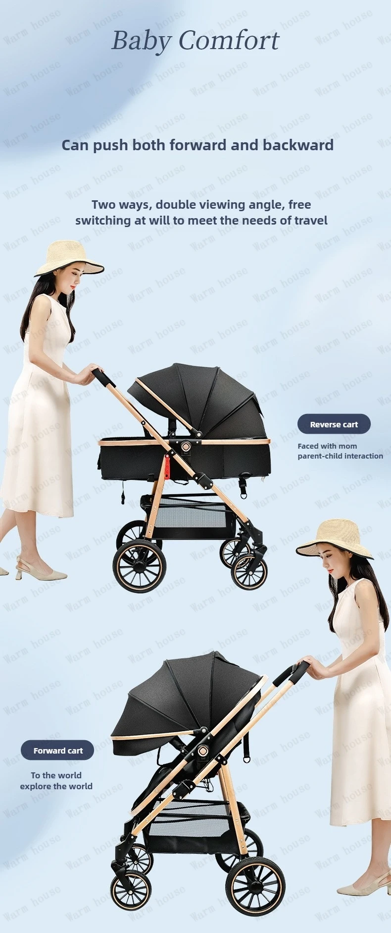 Lightweight 2in1 Baby Stroller High-view Four-wheel Baby Stroller Foldable Two-way Baby Stroller Removable Sleeping Basket