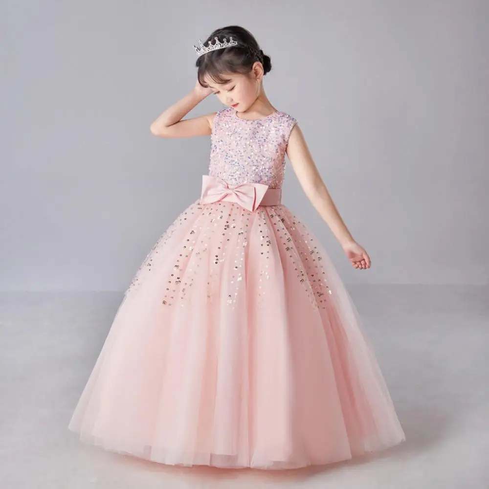 Girl's Sleeveless Long Sequin Bow Mesh Princess Dress Piano Competition School Graduation Ceremony Fashionable Evening Gown
