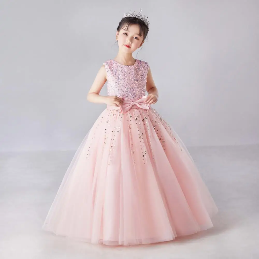 Girl's Sleeveless Long Sequin Bow Mesh Princess Dress Piano Competition School Graduation Ceremony Fashionable Evening Gown