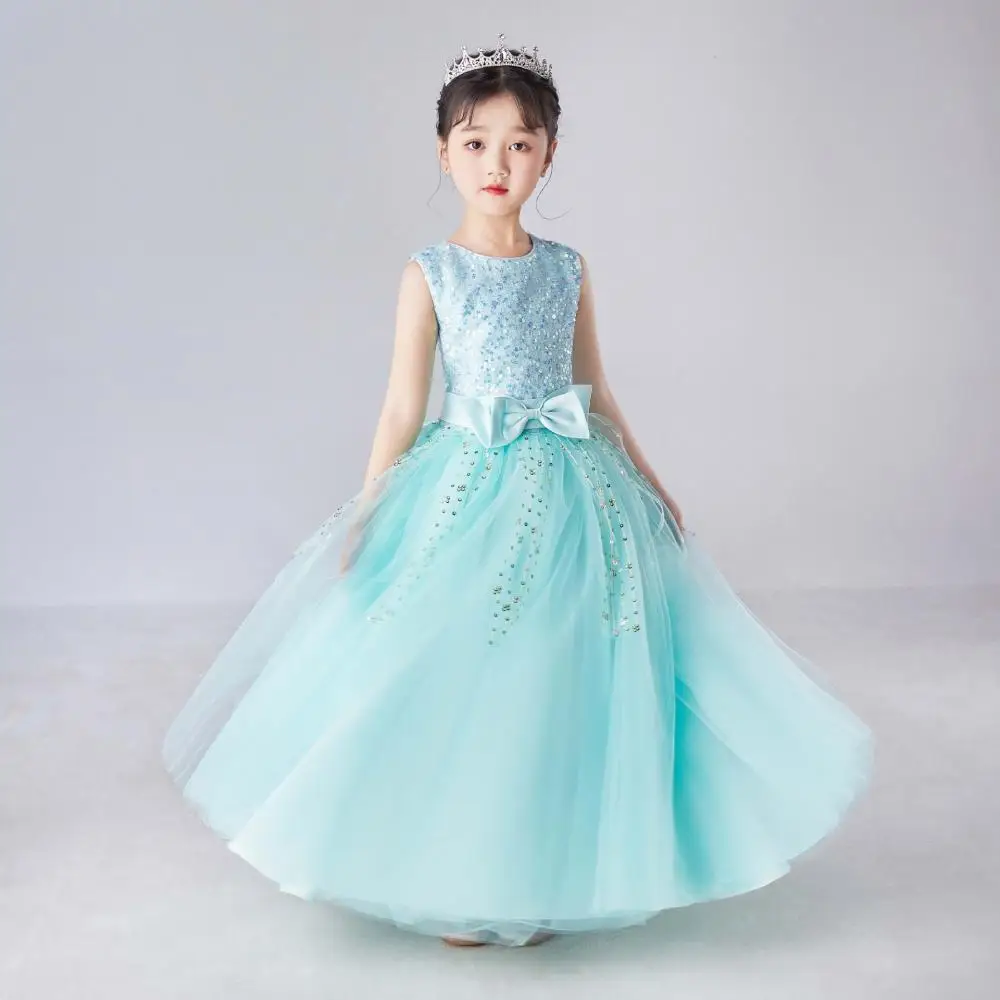 Girl's Sleeveless Long Sequin Bow Mesh Princess Dress Piano Competition School Graduation Ceremony Fashionable Evening Gown