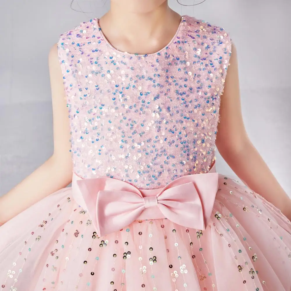 Girl's Sleeveless Long Sequin Bow Mesh Princess Dress Piano Competition School Graduation Ceremony Fashionable Evening Gown