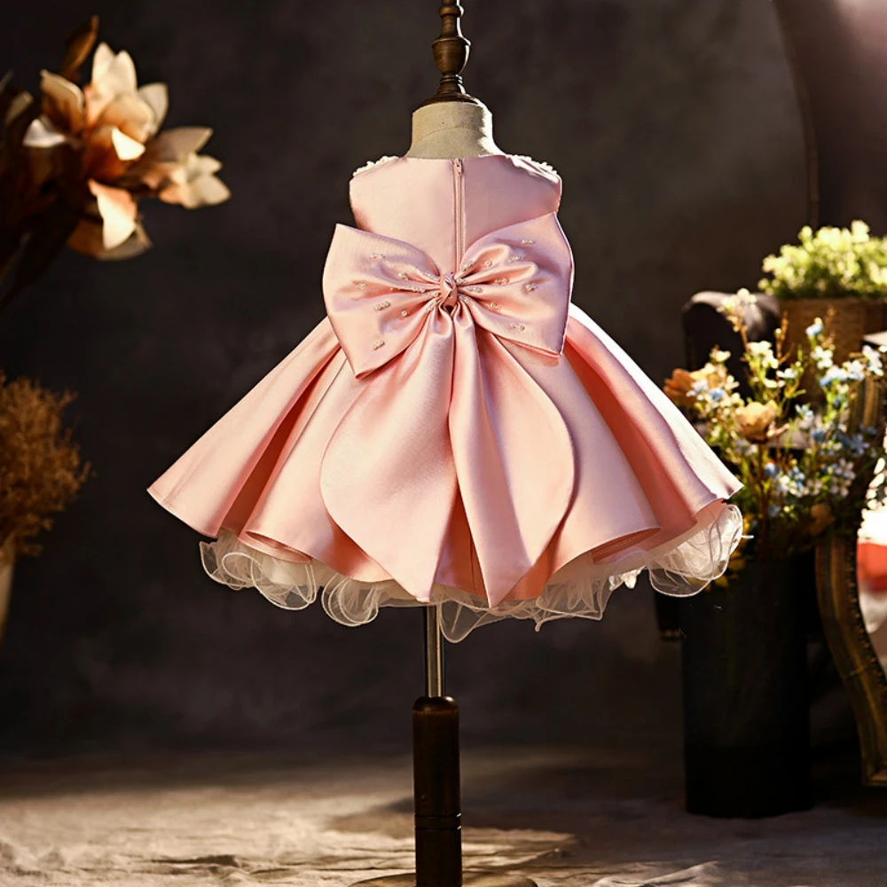 2026 Glitter Pearls Sleeveless Satin Princess Gown Cute Graceful Pink Bow Girls Dresses For School Performance Catwalk Show
