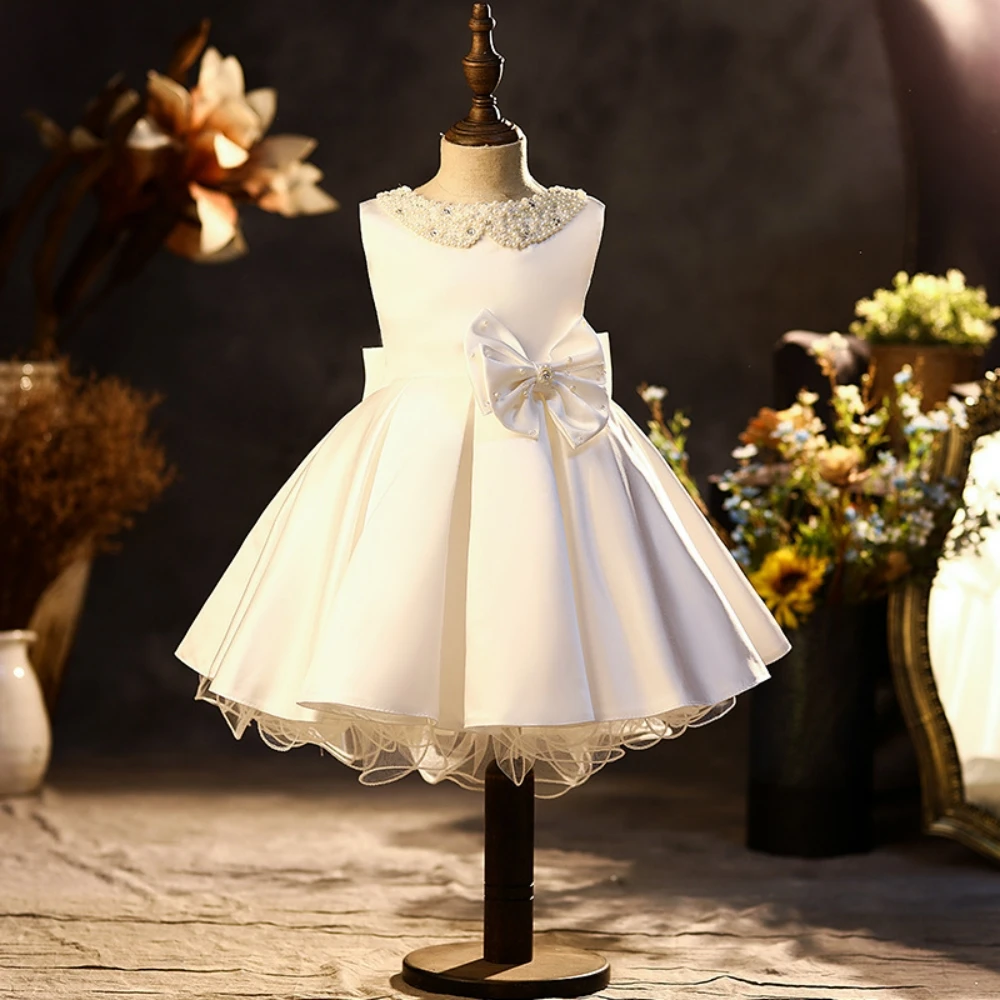 2026 Glitter Pearls Sleeveless Satin Princess Gown Cute Graceful Pink Bow Girls Dresses For School Performance Catwalk Show